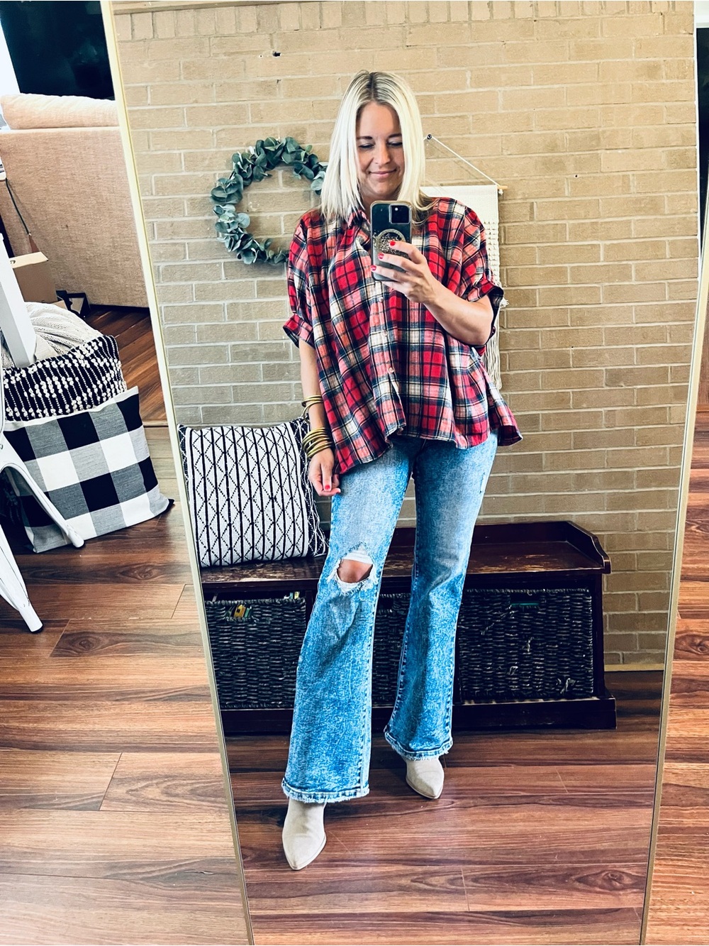Red Plaid Button-Down Shirt - Casual Women's Top